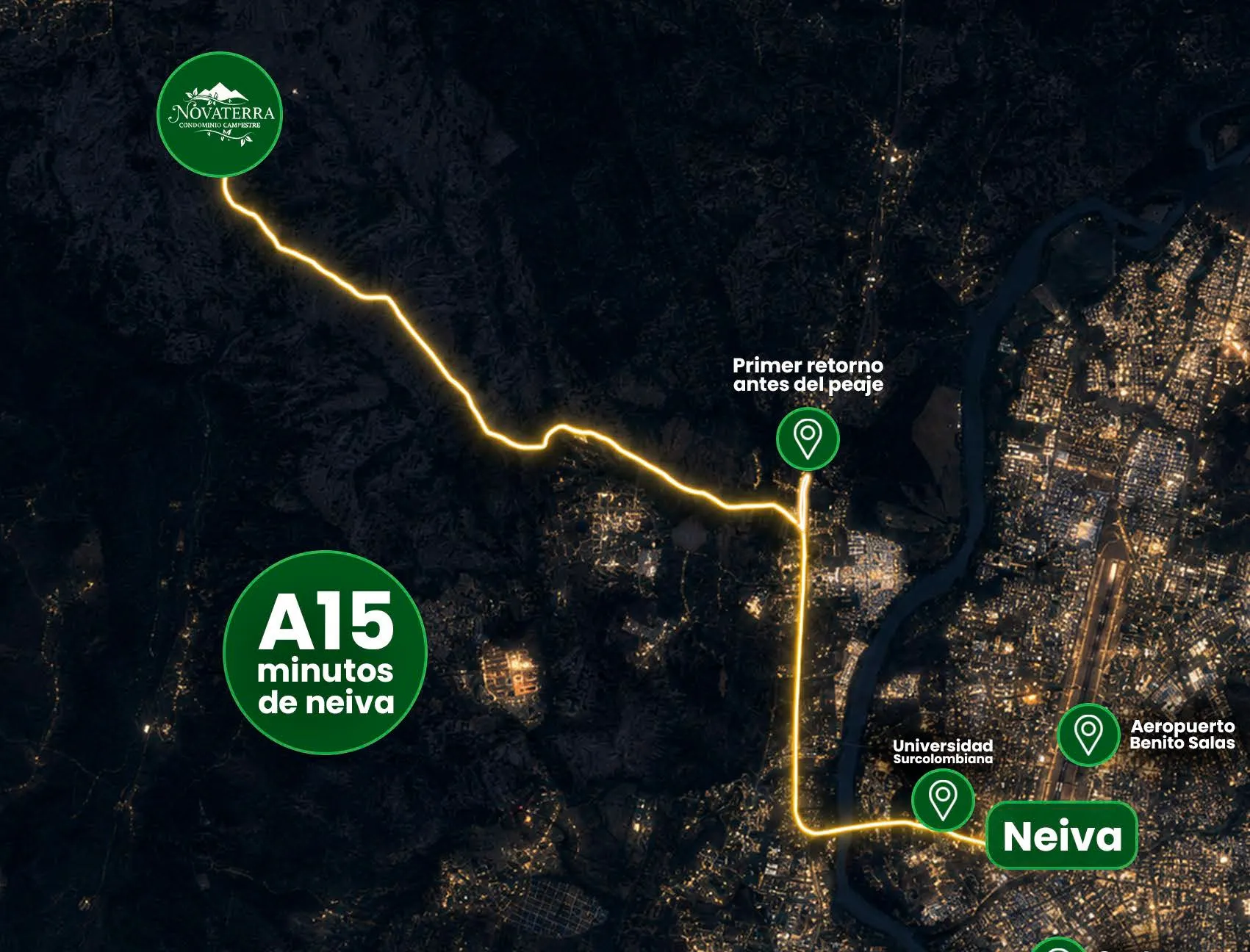 Mapa de la ruta desde Neiva hasta Novaterra: a 15 minutos de Neiva